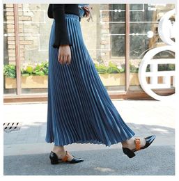 Skirts Women Pleated Skirt Long Solid Color Spring Fall Chic Elastic Band High Waist A Line Midi Elegant Office Ladies Dress