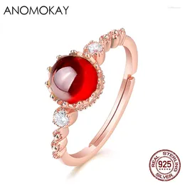 Cluster Rings Anomokay Romantic Big Red Opals Women Rose Gold Prong Setting White CZ Sterling Silver Resizable For Party