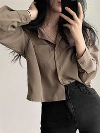Women's Blouses Shirts Jmprs Designed Women Shirts Korean Fashion Solid Long Sle Button Up Tops Office Ladies Chiffon Short Blouse New d240507