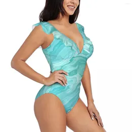 Women's Swimwear Ruffle 2024 Women Sexy One Pieces Swimsuit Female Green And Teal Marble Monokini Bathing Suit Beachwear