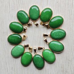 Pendant Necklaces Fashion Good Quality Natural Stone Malaysian Jade Gold Color Side Oval Pendants For Jewelry Making Wholesale 12pcs