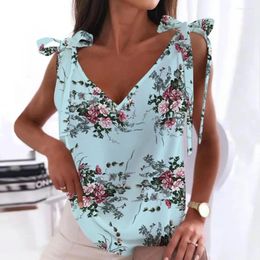 Women's Blouses V-Neck Sleeveless Loose Fit Pullover Blouse Floral Theme Printed Lace Up Vest Top Female Clothing