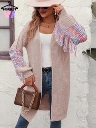 Women's Knits In Women Sweaters Fashion Elegant Contrast Tassel Fringe Patchwork Lantern Sleeve Knit Office Lady Long Open-front Cardigans