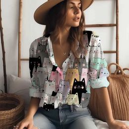 Women's Blouses Shirts Haiian Womens 3D Digital Print Cute Cat Pattern Lapel Shirt Casual Temperament Womens Classic Long Sle Shirt Top d240507