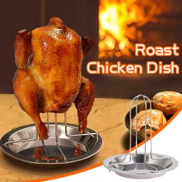 Accessories Chicken Roaster Rack With Bowl Carbon Steel Beer Can Chicken Turkey Roaster BBQ Grill Holder Tray Camping Bakeware