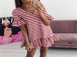 Women Ruffles V neck Summer Dresses Striped Lotus Leaf Short Mini Dress Beach Casual Short Sleeve Female Vestidos4194201