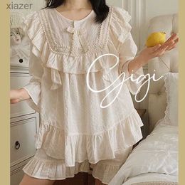 女性の睡眠服新しい女性プリンセスパジャマ高品質のコットンクレープファブリックパジャマセットレーストップ+ショーツレトロレディースボウパジャマセットwx