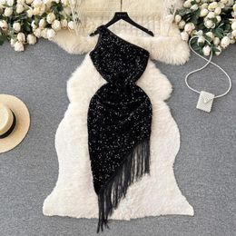 Casual Dresses French Chic Sleeveless A-line Tassel Sequined One-shoulder Vestidos Irregular Summer Sexy Dress For Women Drop