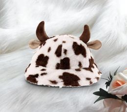 Berets Autumn Winter Warm Bucket Hat Women Kawaii Milk Cow Pattern 3d Horn Fisherman Plush Faux Fur Velvet Panama Wool CapsBerets3286810