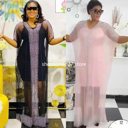 Party Dresses Women Black Mesh Two Pieces Set Dimonds See Through Transparent Strap Long Maxi Dress African Sexy Summer Clothes For