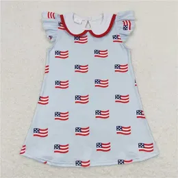 Clothing Sets Summer American Flag White Doll Collar Blue Flying Sleeve Dress Romper Wholesale Boutique Children 4th Of July Kid Clothes