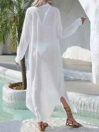 Women's Sunscreen Smock Long Sleeve Lapel Solid Color Buttons Irregular Hem Beach Sun-Proof Dress