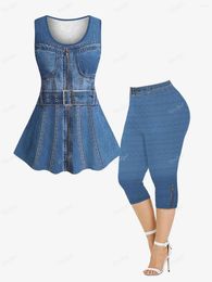 Women's Two Piece Pants Women Fashion Lace Back Tank Top And Capri Leggings Plus Size Outfit 2 Piezas Grommets Buckle Belt Zipper Denim 3D