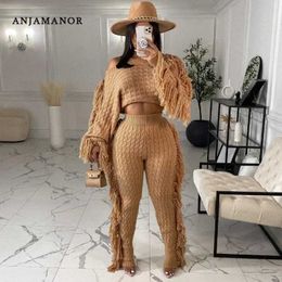 Women's Two Piece Pants ANJAMANOR Tassel Knitted Sweater Sexy Two Piece Set Matching Pants Sets Fashion Winter Outfits for Women 2023 Wholesale D62-HZ99 T240507