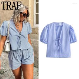 Women's Blouses Plaid Shirt Women Summer Tops Lace-Up Short Sleeve Check V-Neck Crop Top Female Stylish Holiday Casual