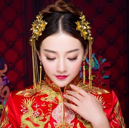 Classical Bridal Hair Sticks Gold Colour Vintage Traditional Chinese Bride Jewellery Tassel Earrings Hairband Headpiece for Wedding9053503
