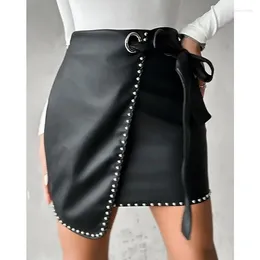 Skirts Leather Skinny Pencil Sexy PU Wepbel Short Skirt Women High Waist Eyelet Tied Studded Asymmetrical