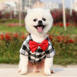 Dog Apparel Pet Gentleman Suit Shirt Plaid Casual Clothes Cute Red Bowtie Tuxedo Wedding Party Dress Up