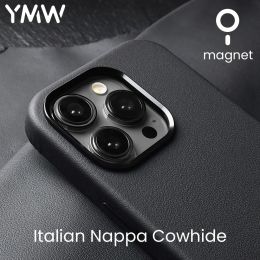 Cases YMW Italian Nappa Genuine Leather Case for iPhone 15 14 13 Pro Max Magnetic Supercar Interior Business Premium Cow Phone Cover