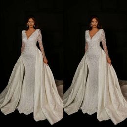 v-neck long sleeves wedding mermaid dresses 클래식 레이스 지원자 분리 가능한 열차 등이없는 커스텀 메이드 플러스 크기 신부 가운 멍청이 de novia