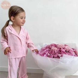 Pyjamas Boys and Girls Linen Cotton Pyjama Set Shirt+Pants 2PCS Spring and Autumn Childrens Solid Colour Pyjamas Baby Clothing 2-12YL2405