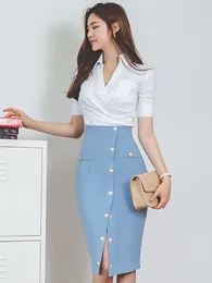 Work Dresses Elegant Korean Formal 2 Pieces Outfits Women White Short Sleeve Tops Shirt Blue Slit Skirt Sets Lady Style Business Clothes