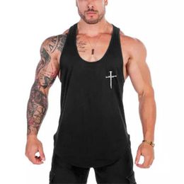 Men's Tank Tops Personalised Cross Print Bodybuilding Clothing Gym Fitness Mesh Breathable Quick Dry Tank Tops Mens Sport Muscle Y-back T-shirt Y240507