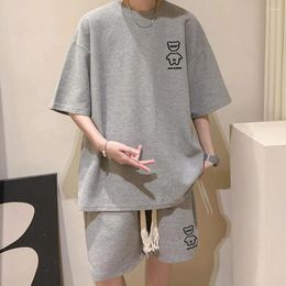 Men's Tracksuits 2 Pcs/Set Cool Drawstring Men Summer Top Shorts Suit Cartoon Bear Pattern Breathable Soft Sports