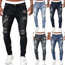 Jeans New Style Men's Pants with Holes, Ground White Slim Fit Denim Pants, Fashionable Leggings, Not Closed for Spring Festival
