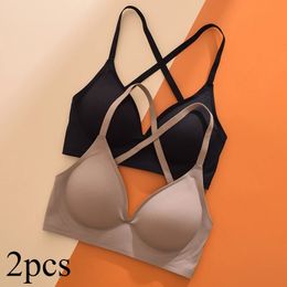 2PCSSET Mulheres Underwear de Mulheres Expandidas externamente sem marcas sem anéis de aço Belas costas Sexy Suporte suave Bra de cor sólido 240506