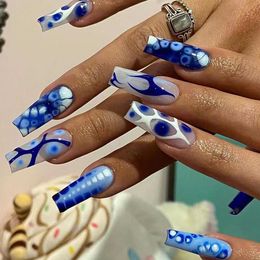 False Nails European Long Coffin False Nail Blue Crocodile Pattern Press on Nail Tips Artificial Acrylic Nail Tips for Girl Women Wearable T240507