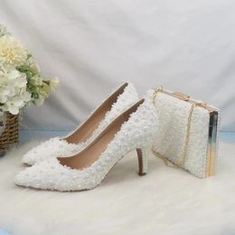 Dress Shoes Women Fashion Bridal Wedding And Bag Set Pointed Toe High Heels White Flower Pearl Bridesmaid Party Lady Pumps