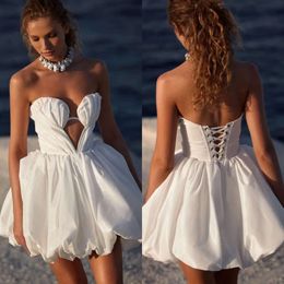 Line A Nova Milla Short Beach Dresses Puffy Sweetheart Satin Wedding Dress Lace Up Back Designer Bridal Gowns