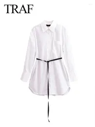 Women's Blouses 2024 Spring Women Fashion Windbreaker Fabric Solid Lapel Loose Long Shirts Top Woman With Belt Female Shirt
