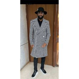 Houndstooth Design Men Suits Formal Casual Custom Made Fit Party Long Coat Real Image Handsome Double Breasted Jacket 0431