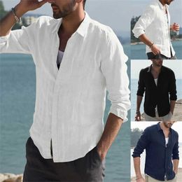 Men's Polos Mens cotton linen long sleeved white summer beach top loose casual holiday mens solid street clothingL2405