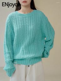 Women's Sweaters ENjoyce Women Mohair Korean Fashion Brand Casual Loose Knitted Pullover Top Mint Green Knitwear 2024 Spring