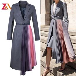 Casual Dresses ZALady Runway Fashion Notched Blazer Midi Dress Women Neck Long Sleeve Gradient Color Gauze Patchwork Office Lady