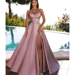 New Pink Prom Sleeveless Satin Strapless V Neck Appliques Shiny Sequins Evening Dresses Side Slit Floor Length Party Gowns Plus Size Custom Made 0431