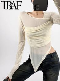 Women's T Shirts GAL 2024 Summer Asymmetric Women Elegant Ruched Waist Elastic Semi-Sheer T-Shirt Long Sleeve Top Slim Female Tees Y2K