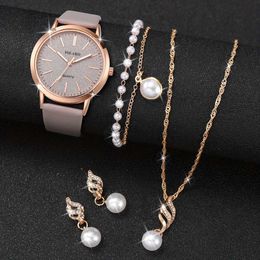 Women's Watches 5pcs/set Womens Shiny Rhinestone Quartz Analogue PU Leather Wrist Faux Pearl Jewellery Set Gift For Mom Her