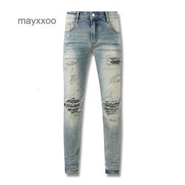 American 2024 amiirii na żywo moda Jean Purple Broken Demin Jeans High Patch Mens Street Mud Hole żółty zużyty nerkowca kwiat 6owq