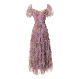 Summer Purple Floral Print Panelled Dress Short Sleeve Square Neck Tulle Midi Casual Dresses A4A291536