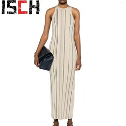 Casual Dresses 2024 Spring And Summer Knitted Striped Printed Round Neck Sleeveless Long Dress Sexy Tight Slim Women Clothing