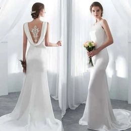 Backless Wedding Applique Dresses Race Modern Sleeve-Less Jewwl Dress Custom Made With Satin Vestidos De Novia