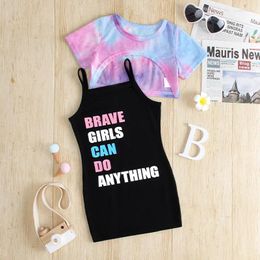 Clothing Sets 2024 Summer Kids Clothes Girls Tie Dye Short Sleeve Crop Top Letter Print Bodycon Dress Children Casual