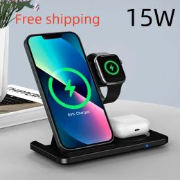 Chargers 3 in 1 Wireless Charger Stand Pad For iPhone 15 14 13 12 X Max Foldable Fast Charging Station Dock For IWatch 8 7 SE AirPods Pro