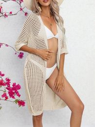 Sexy Women Summer Long Bikini Cover Ups White Short Sleeve Open Front Knit Hollow See Through Out Cardigans Beachwear Dress