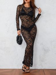 Casual Dresses Women Sexy Spaghetti Strap Lace Floral Bodycon Long Maxi Dress Summer Sheer Mesh Square Neck Backless Split Cami