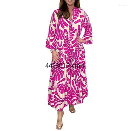 Ethnic Clothing 2024 African Print Dresses For Women Summer Autumn 3/4 Sleeve V-neck Plus Size Long Dress Party Robe
